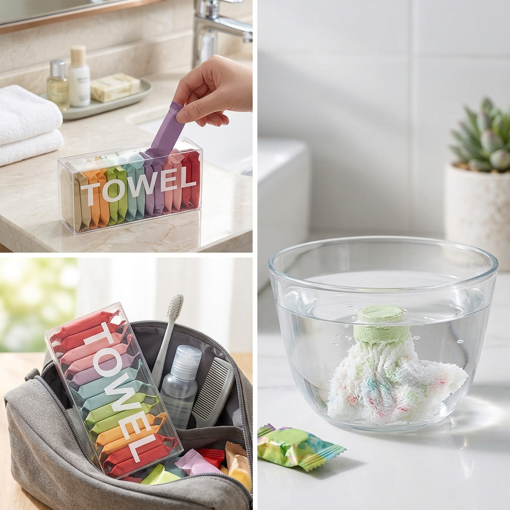 Compressed washcloth box open on a hotel bathroom counter