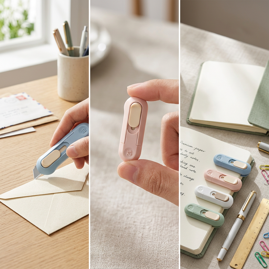 Paper cutter clipped to a notebook with stationery