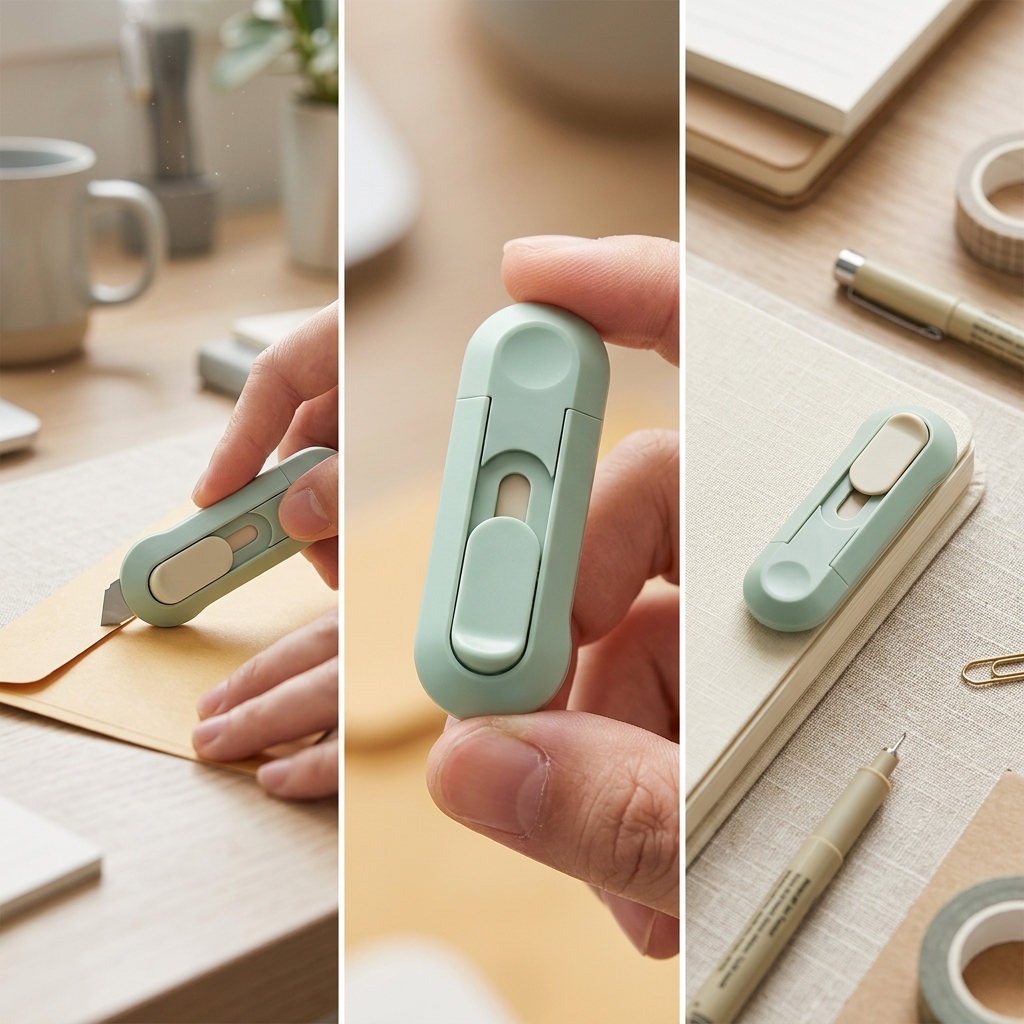 Paper cutter held between fingers showing how small it is