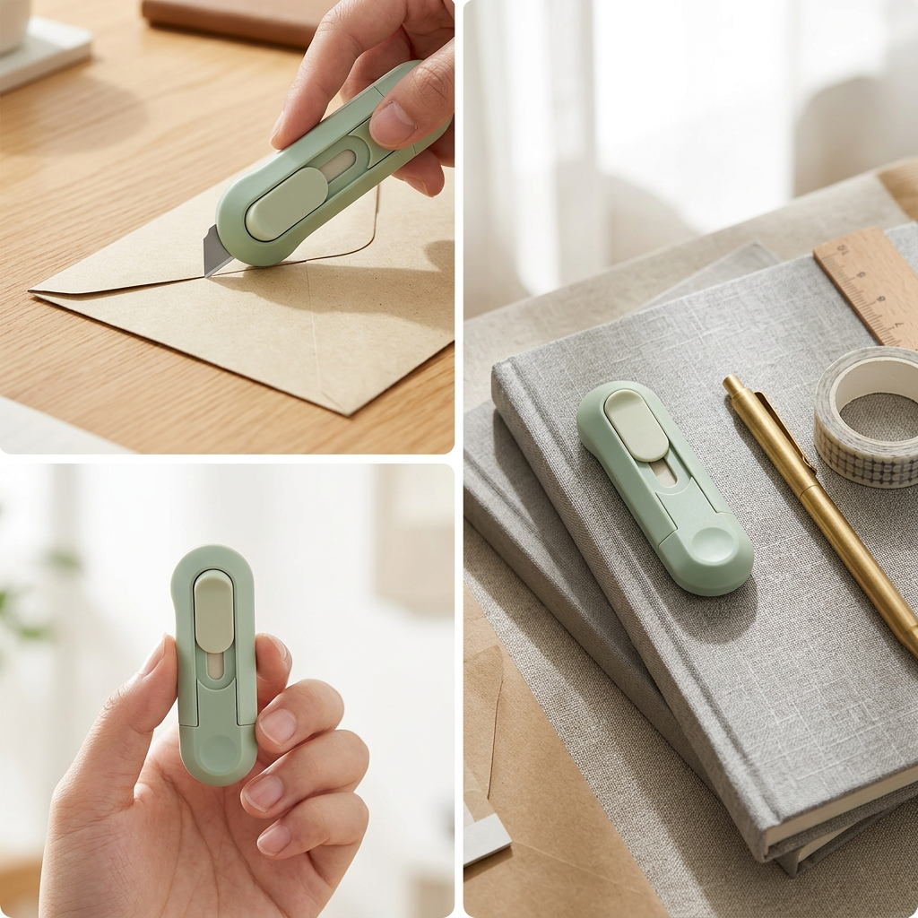 Mini paper cutter slicing open an envelope on a desk