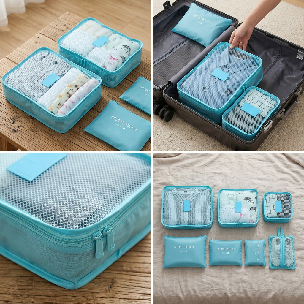 Packing cubes shown in four packing scenes