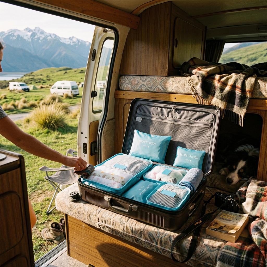 Packing cubes in a suitcase on a campervan bunk