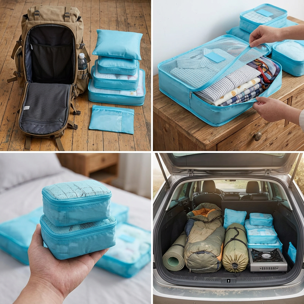 Packing cubes shown in four further scenes