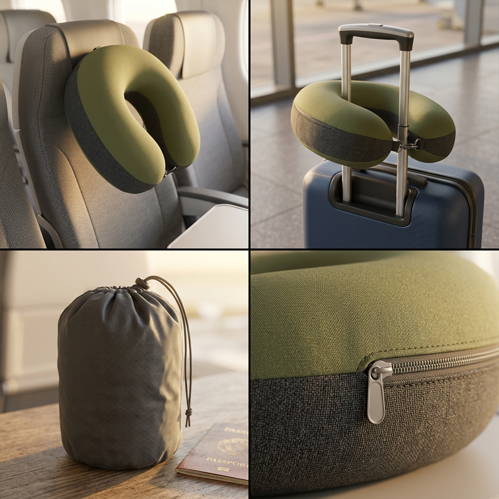 Travel neck pillow shown in four travel scenes
