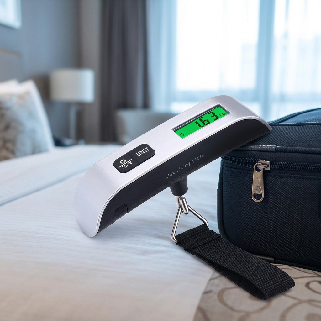 Digital luggage scale on a hotel bed beside a suitcase