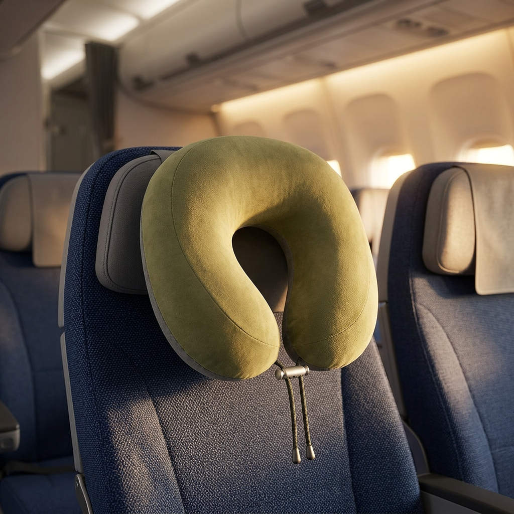 Memory foam travel neck pillow on an aircraft seat