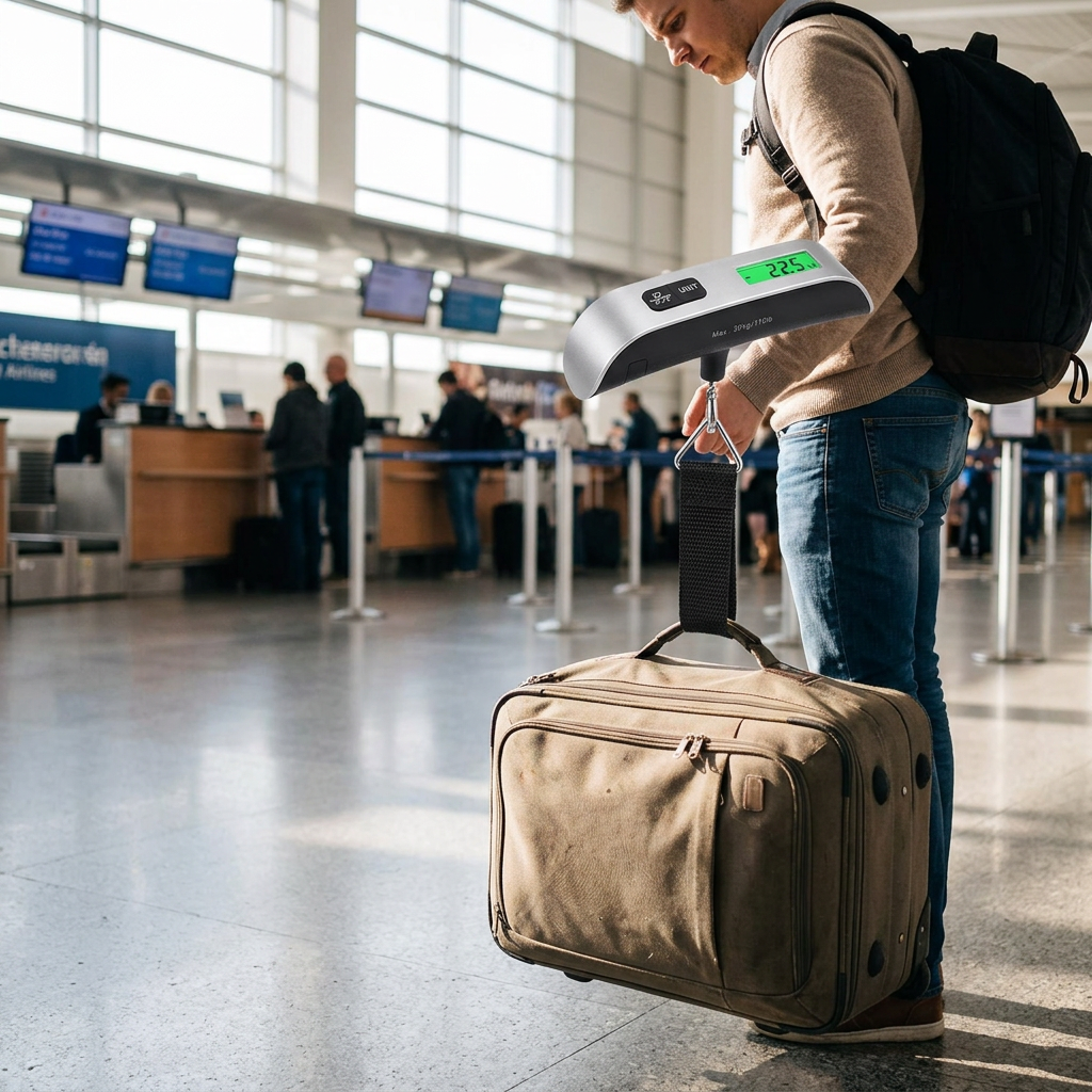 Weighing a suitcase in an airport departure hall