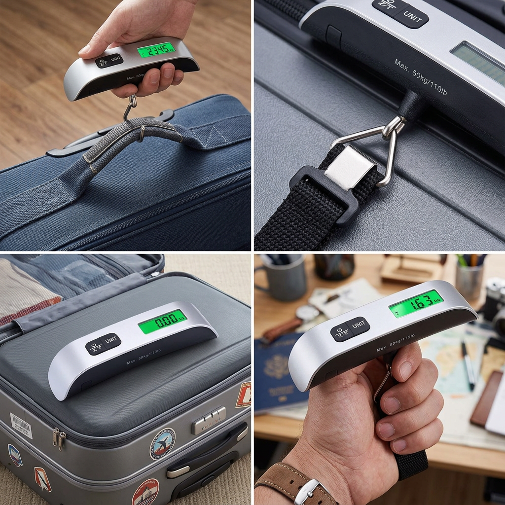 Luggage scale shown in four travel scenes