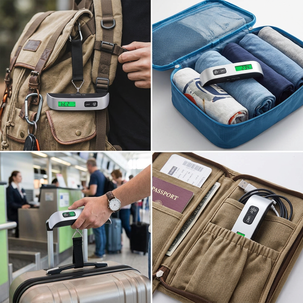 Luggage scale shown in four further scenes
