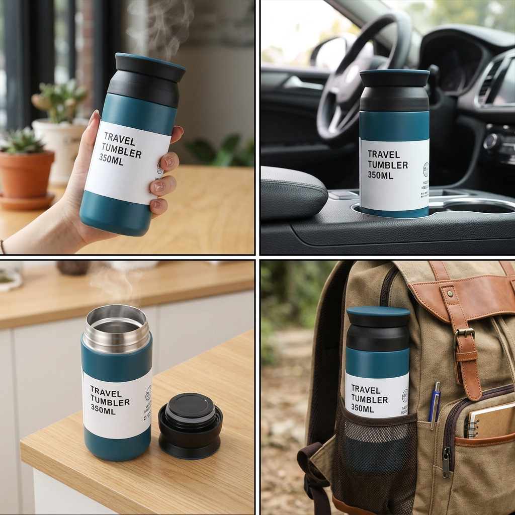Thermos flask shown in four outdoor scenes