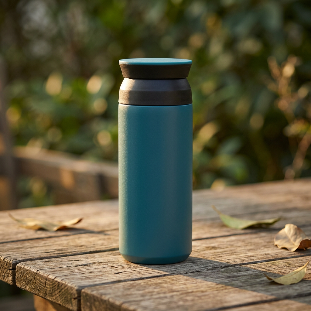 Insulated thermos flask on a wooden table