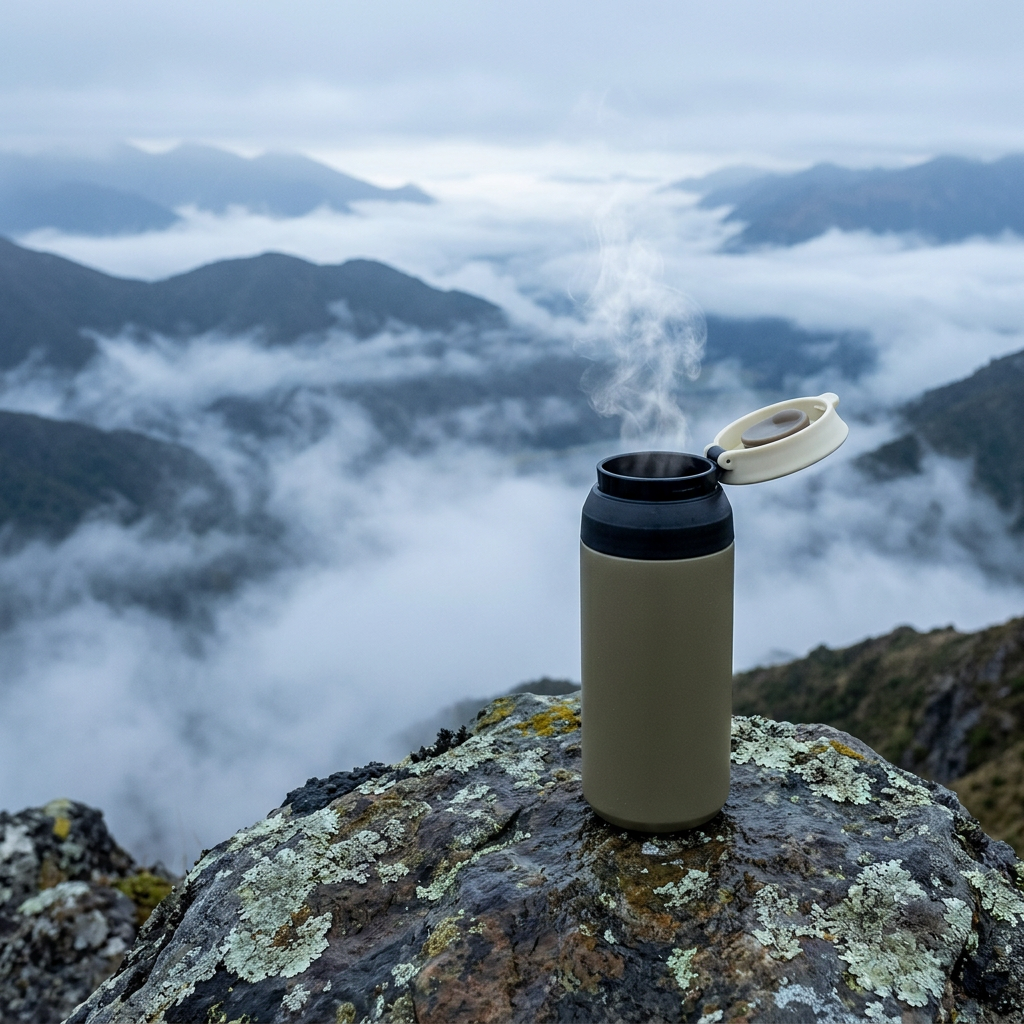 Thermos flask steaming at a misty mountain lookout