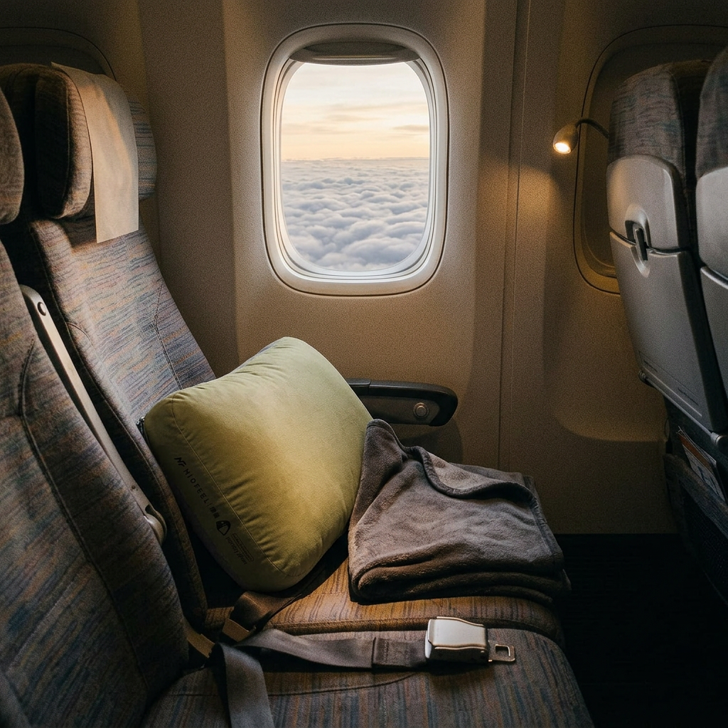 Neck pillow on an aircraft window seat with clouds outside