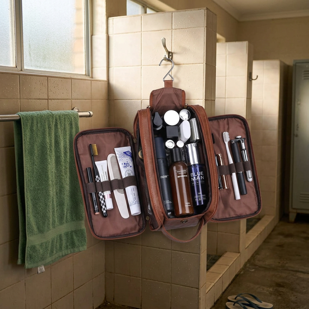 Toiletry bag hanging in a campground shower block