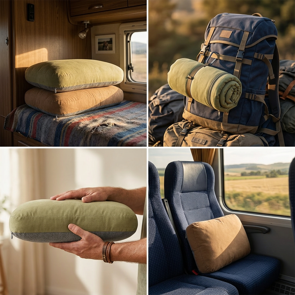 Travel neck pillow shown in four further scenes
