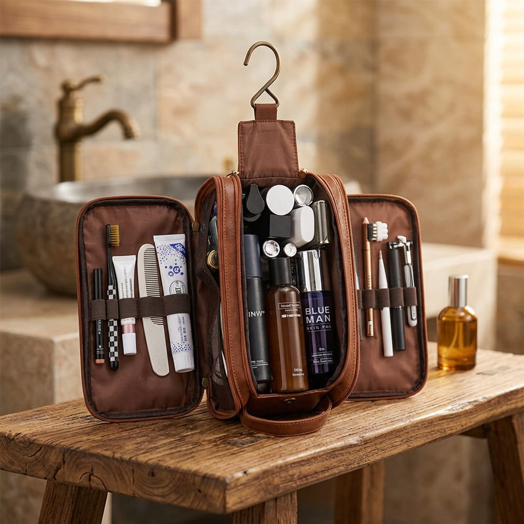 Hanging toiletry bag on a wooden bathroom bench