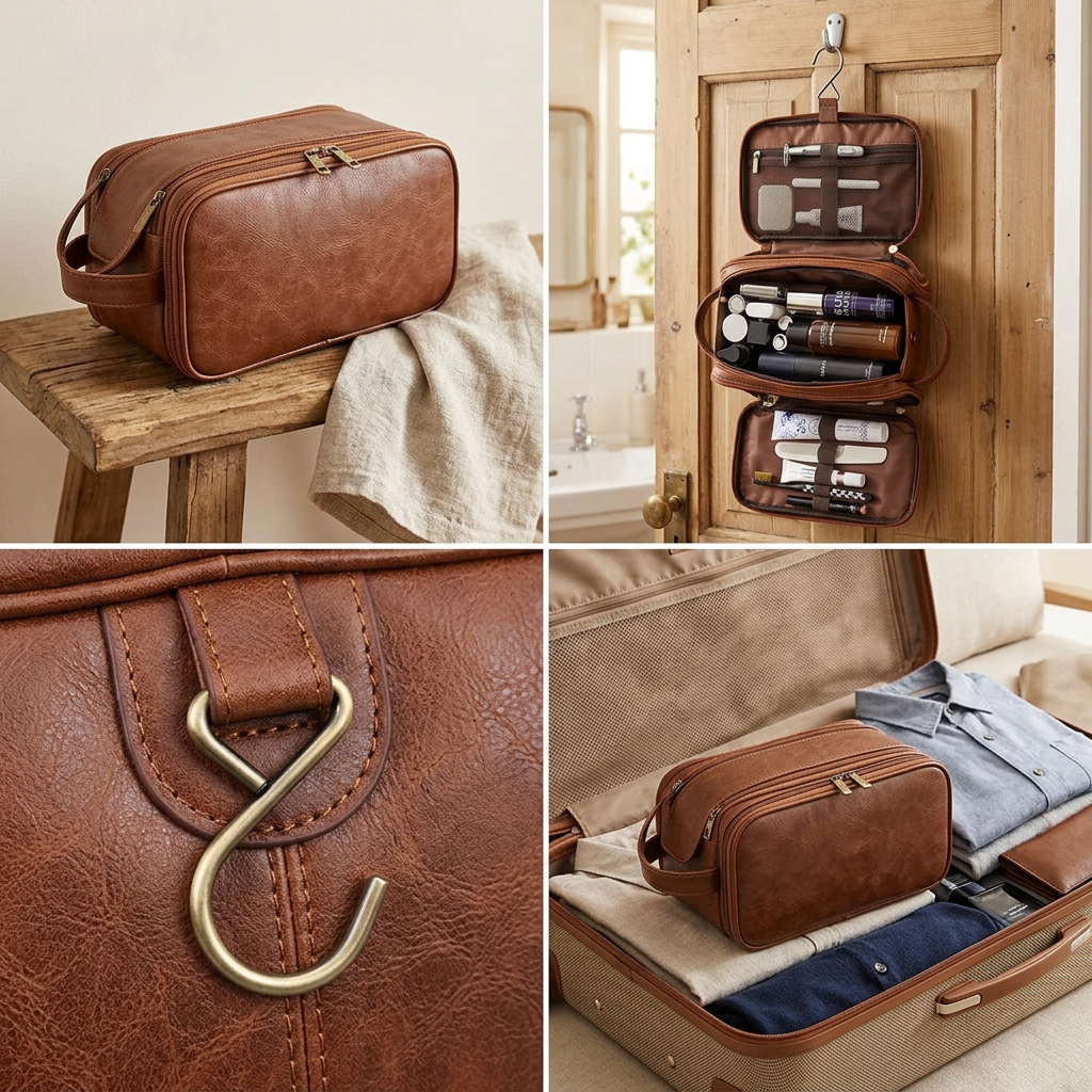 Toiletry bag shown in four travel scenes