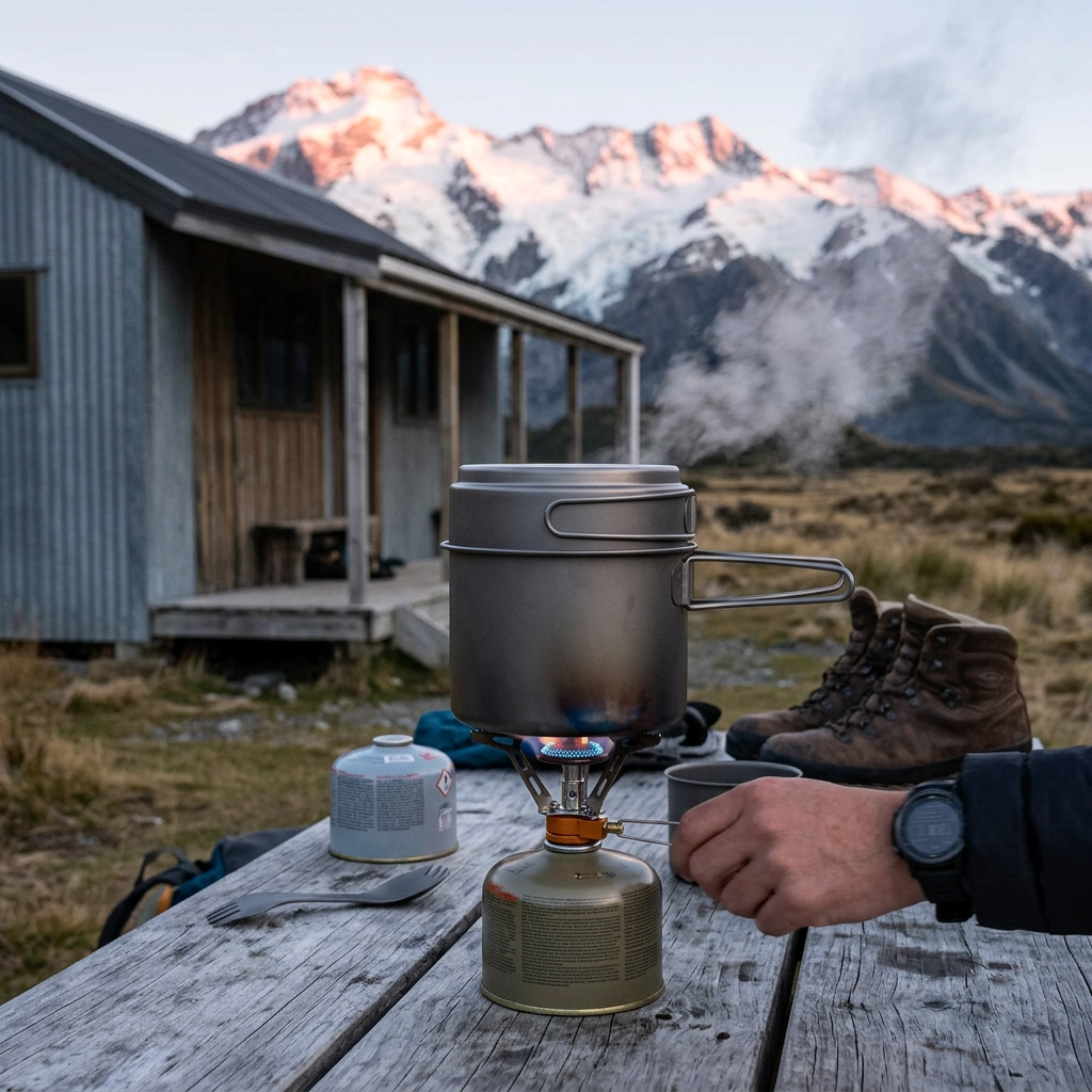 Titanium pot steaming outside a backcountry hut at dawn