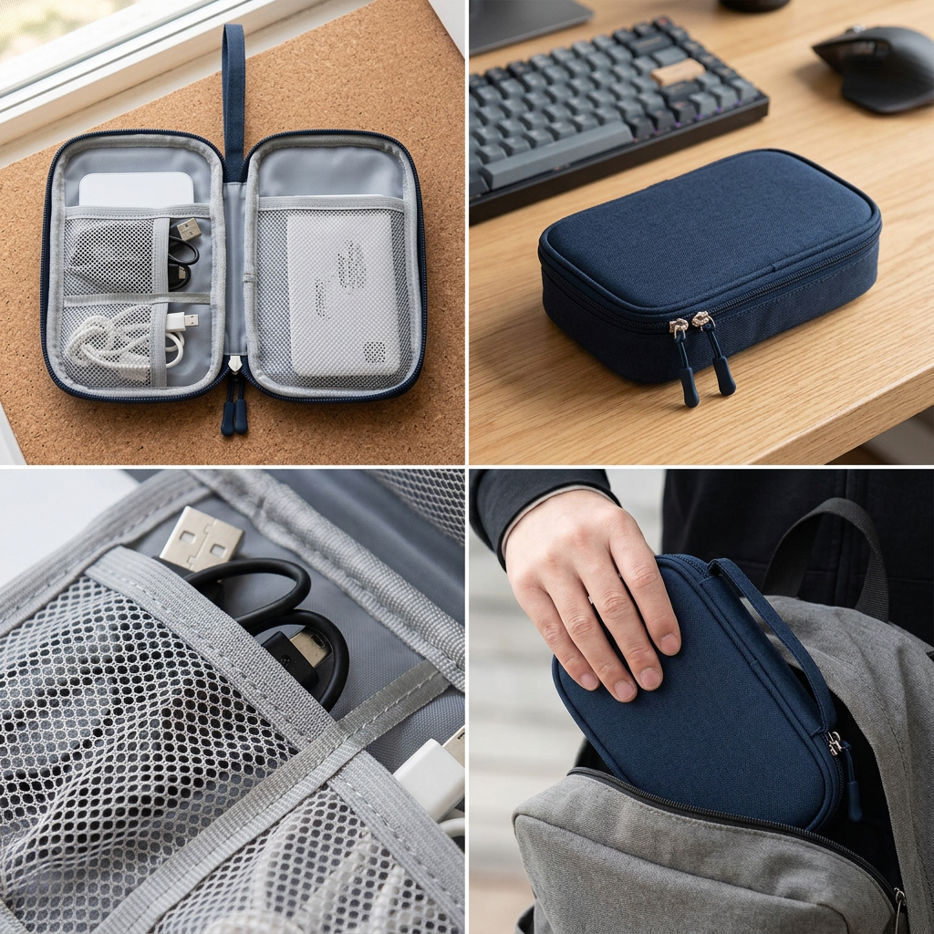 Electronics organiser shown in four scenes