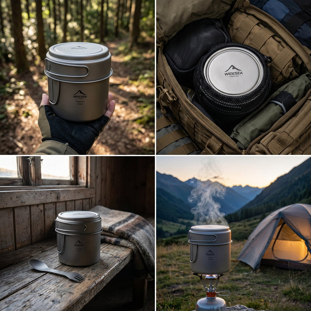 Titanium camping pot shown in four further scenes