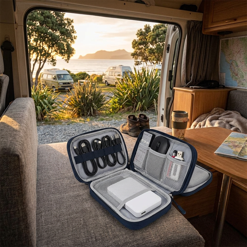 Electronics organiser open on a campervan bench