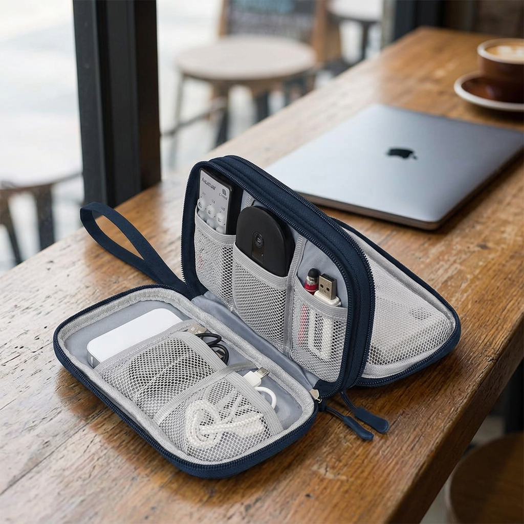 Travel electronics organiser open on a cafe table