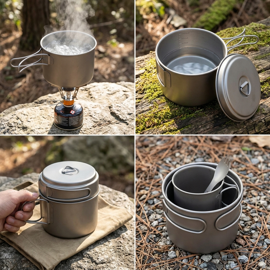 Titanium camping pot shown in four cooking scenes