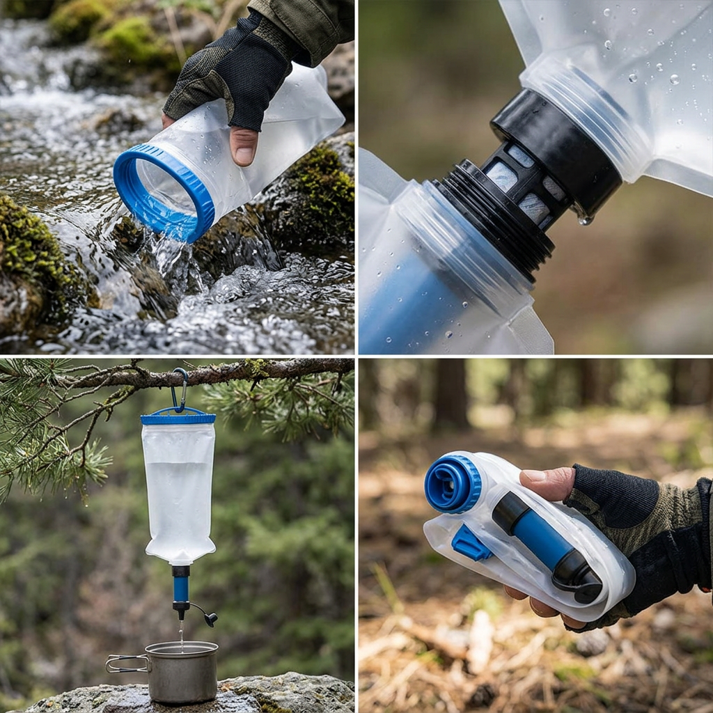 Water filtration bag shown in four outdoor scenes