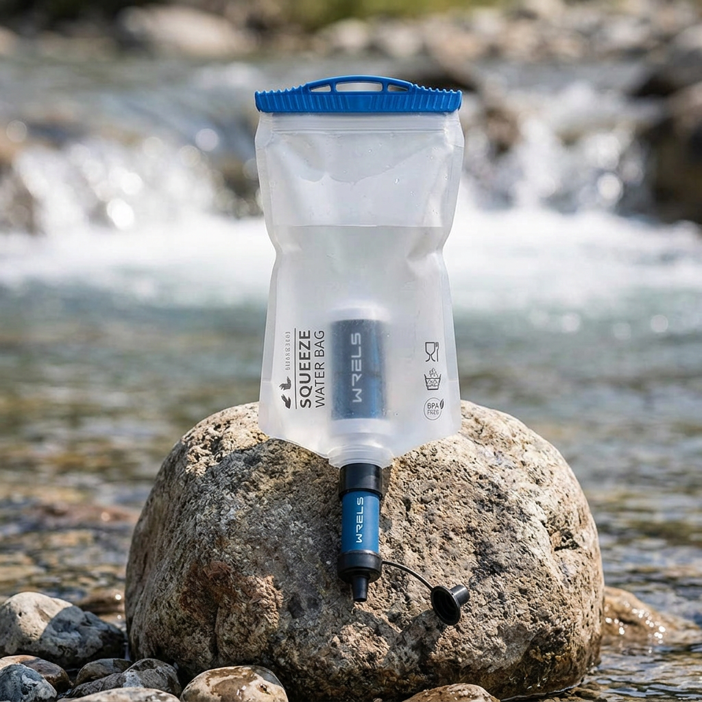 Water filtration bag on a river rock