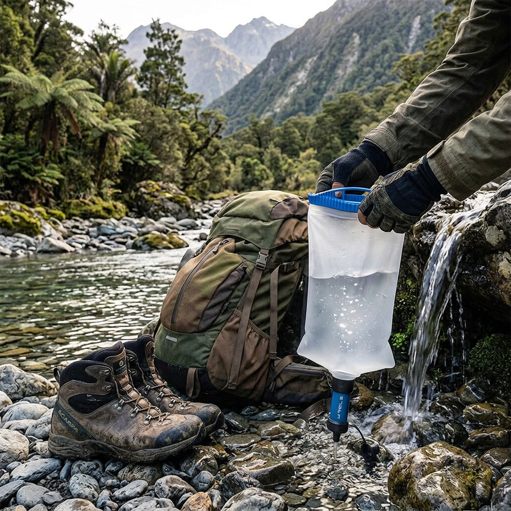 Filling a water filtration bag from a mountain stream