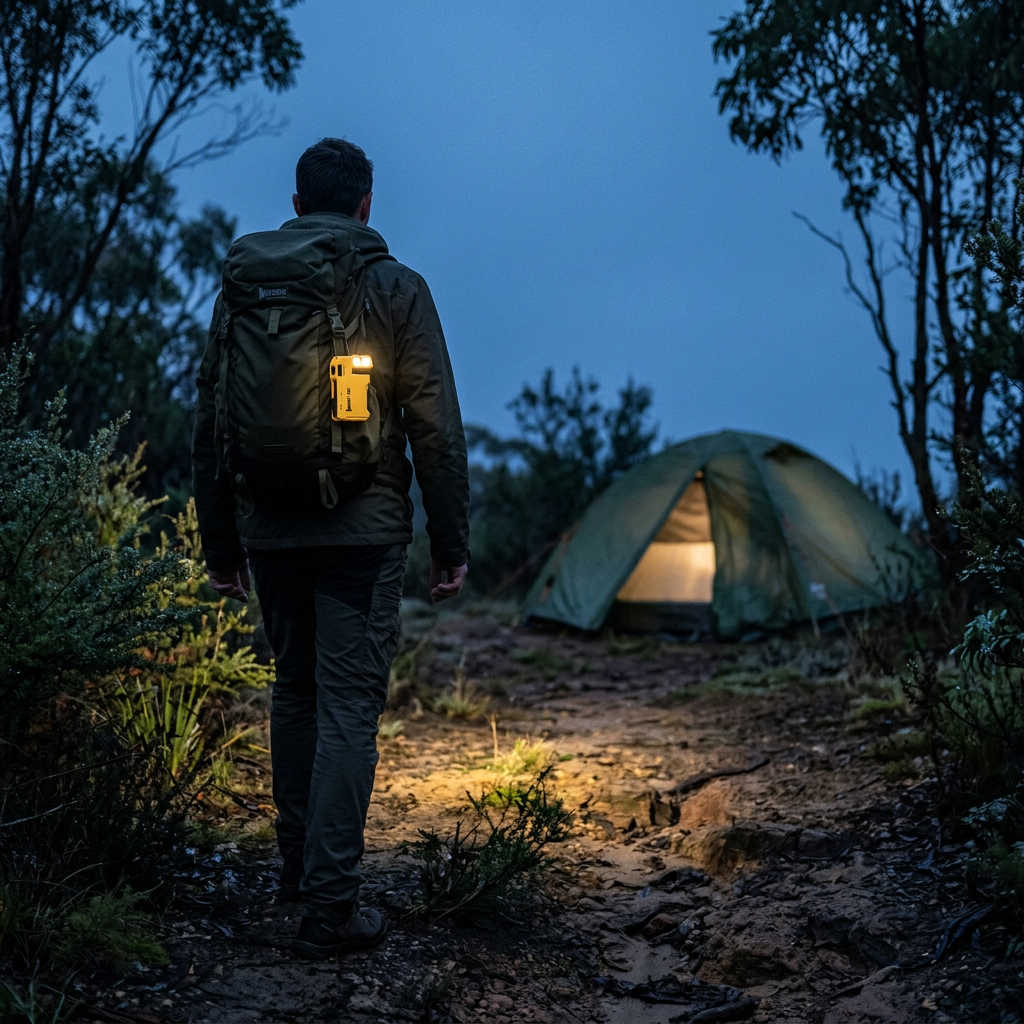 Torch clipped to a pack strap lighting a bush track at dusk