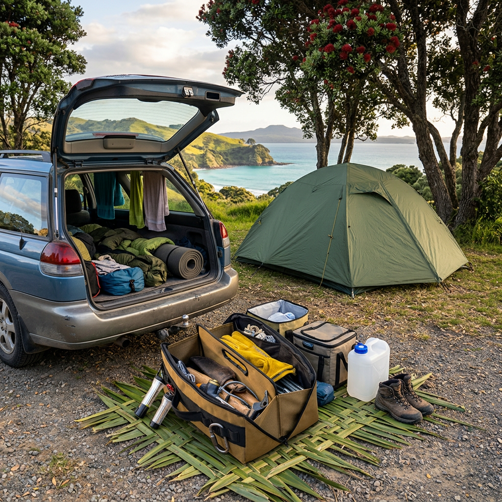 Camping storage box packed beside a station wagon tailgate