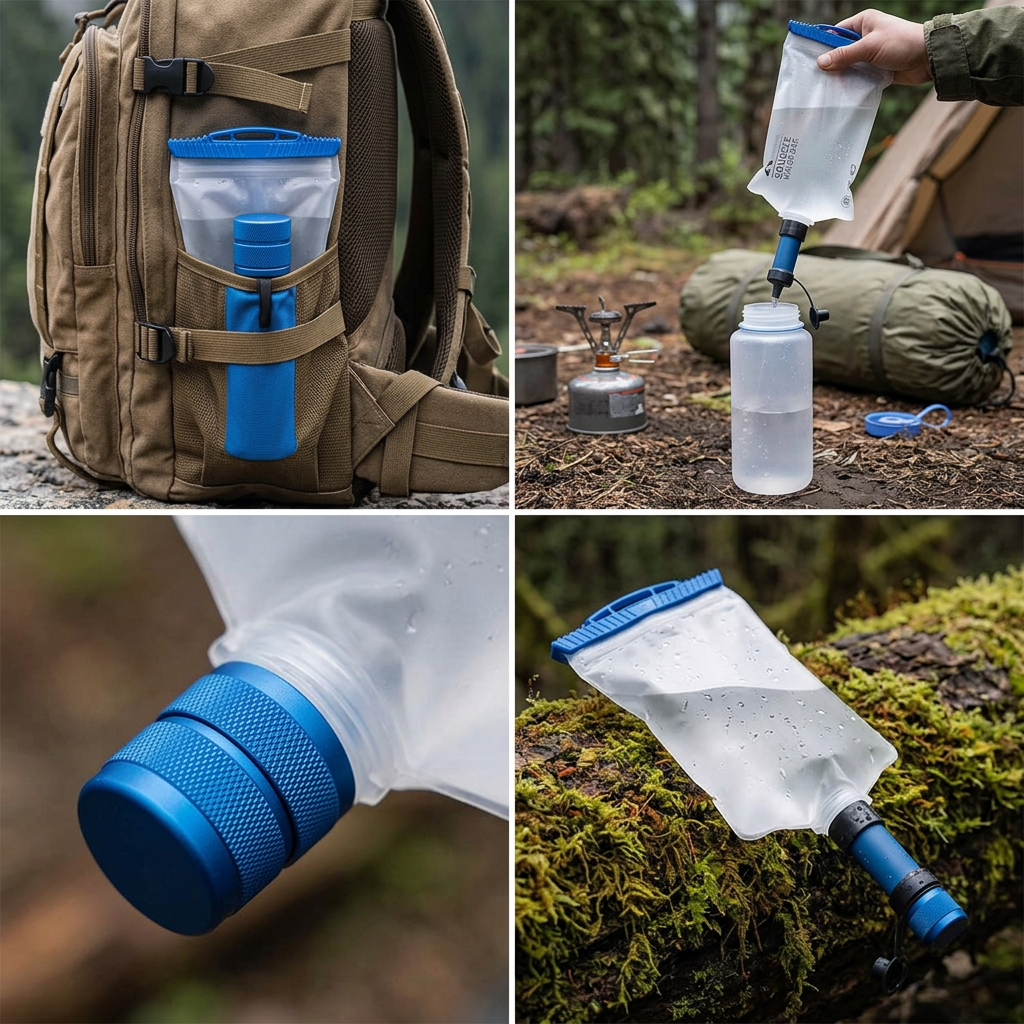 Water filtration bag shown in four further scenes