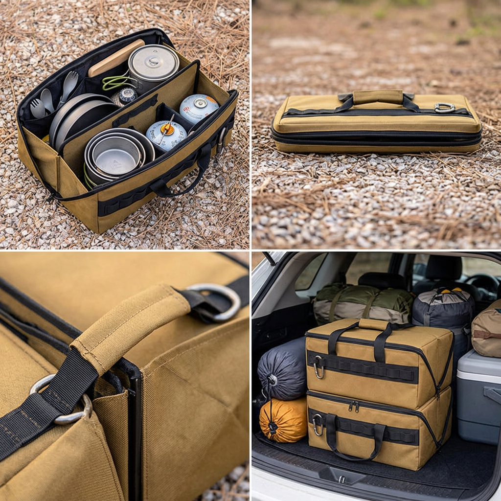 Camping storage box shown in four scenes
