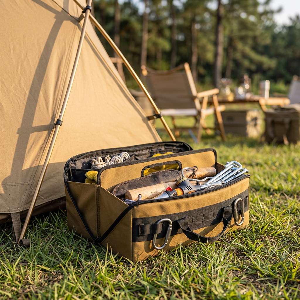 Foldable camping storage box on grass beside a tent