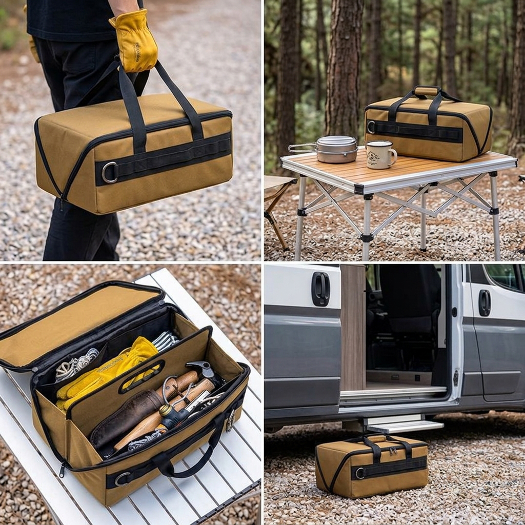 Camping storage box shown in four further scenes