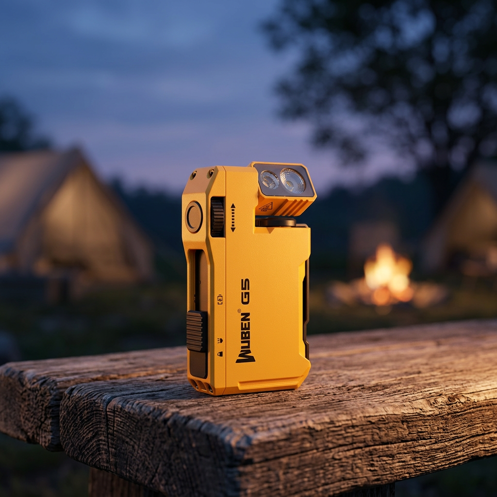 Compact torch on a weathered wooden bench at dusk