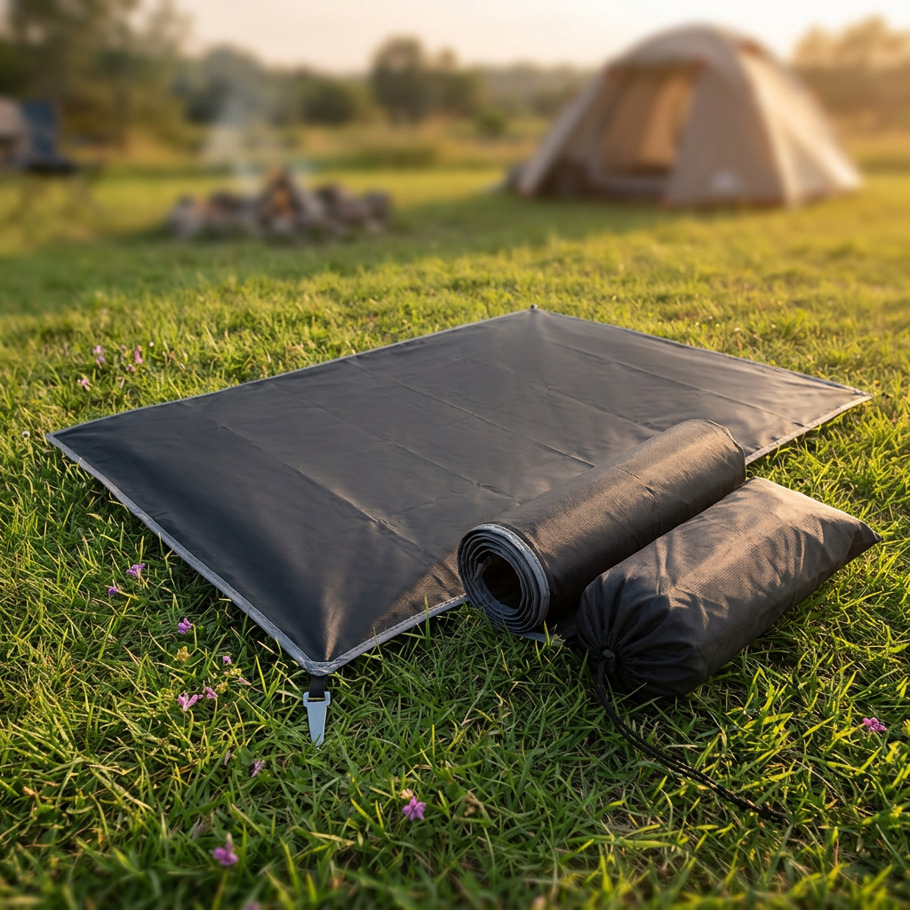 Waterproof camping mat partly unrolled on grass