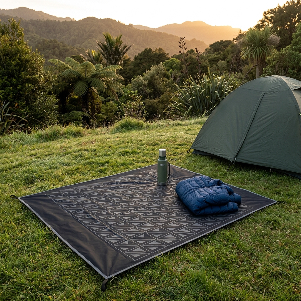 Camping mat spread beside a tent at a New Zealand campsite