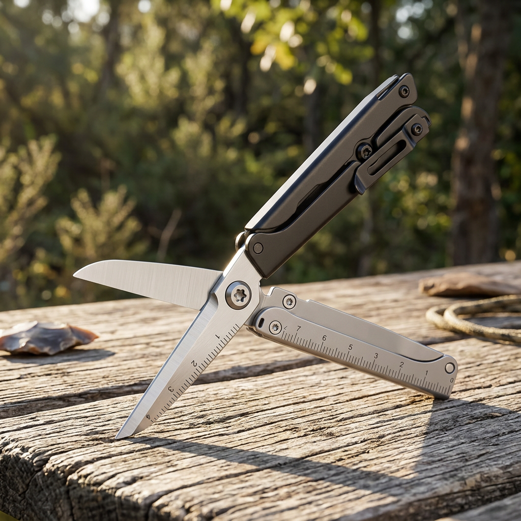 Folding outdoor scissors on a wooden camp table