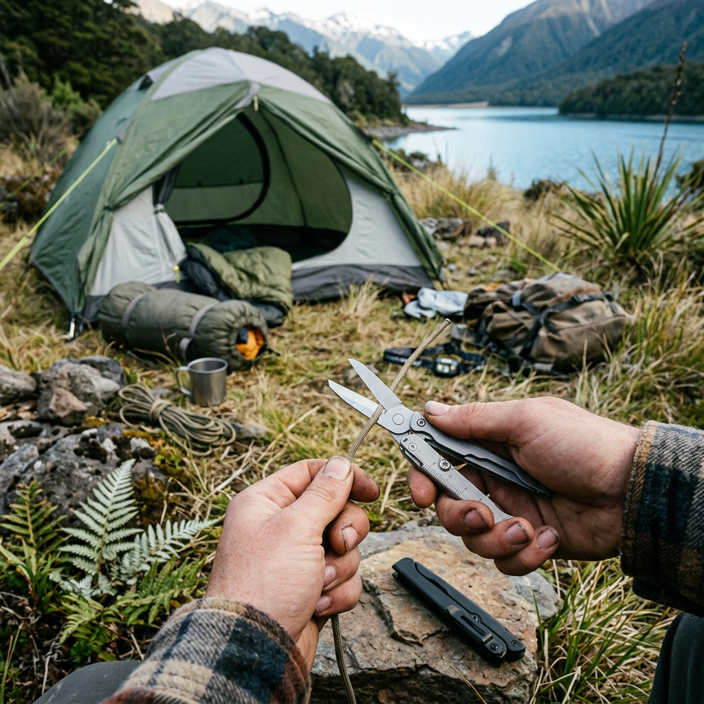 Folding scissors trimming cord at a campsite