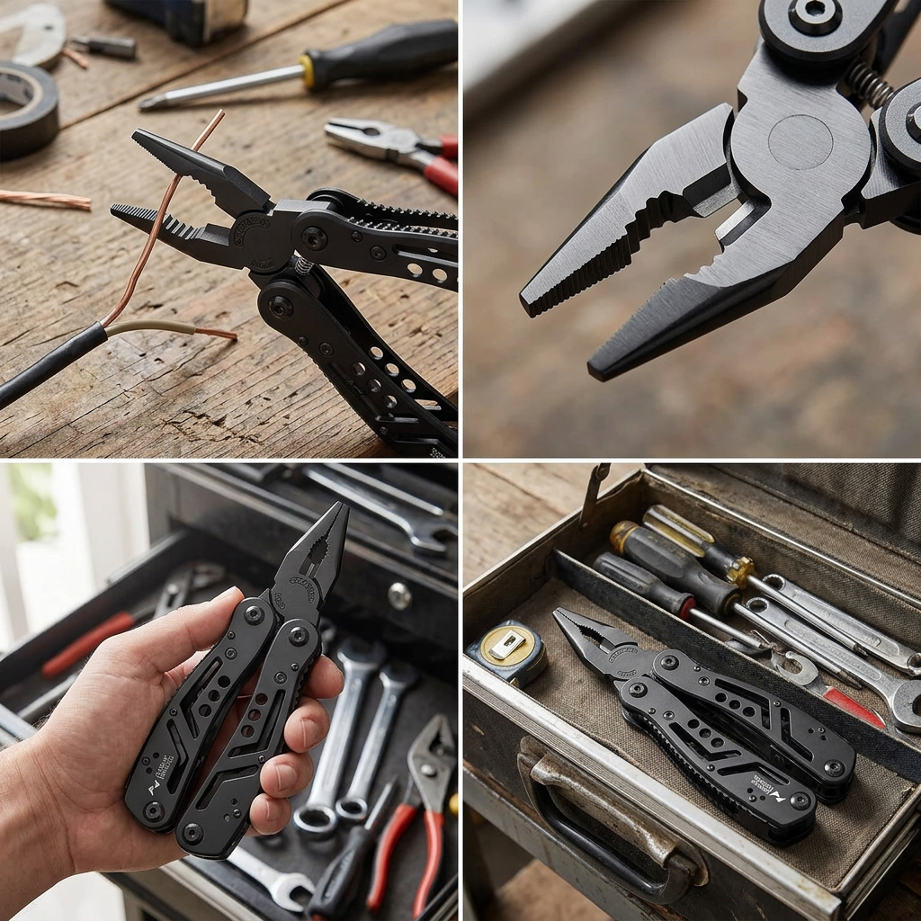 Multifunction pliers shown in four use scenes