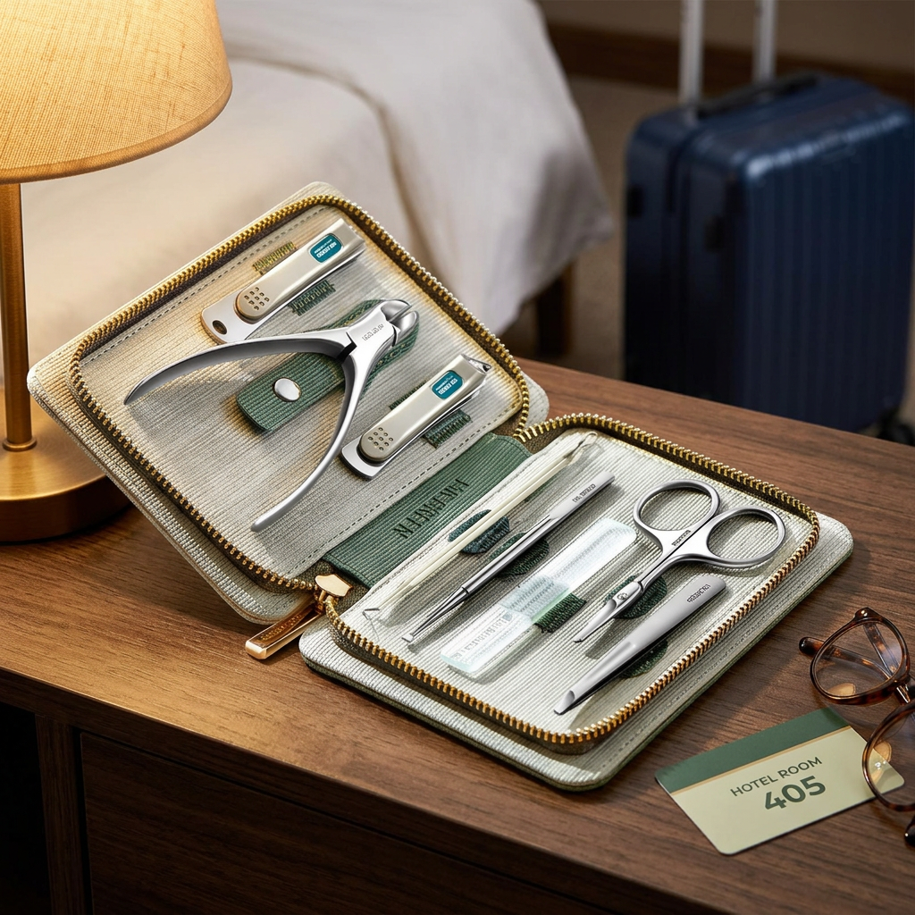 Manicure set on a hotel bedside table