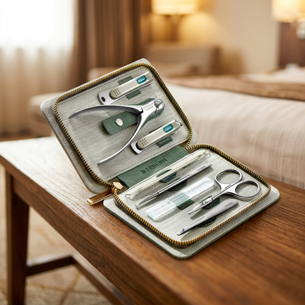Manicure grooming set open on a wooden bench
