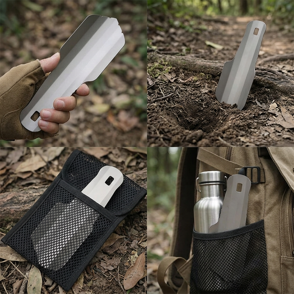 Camping trowel shown in four use scenes