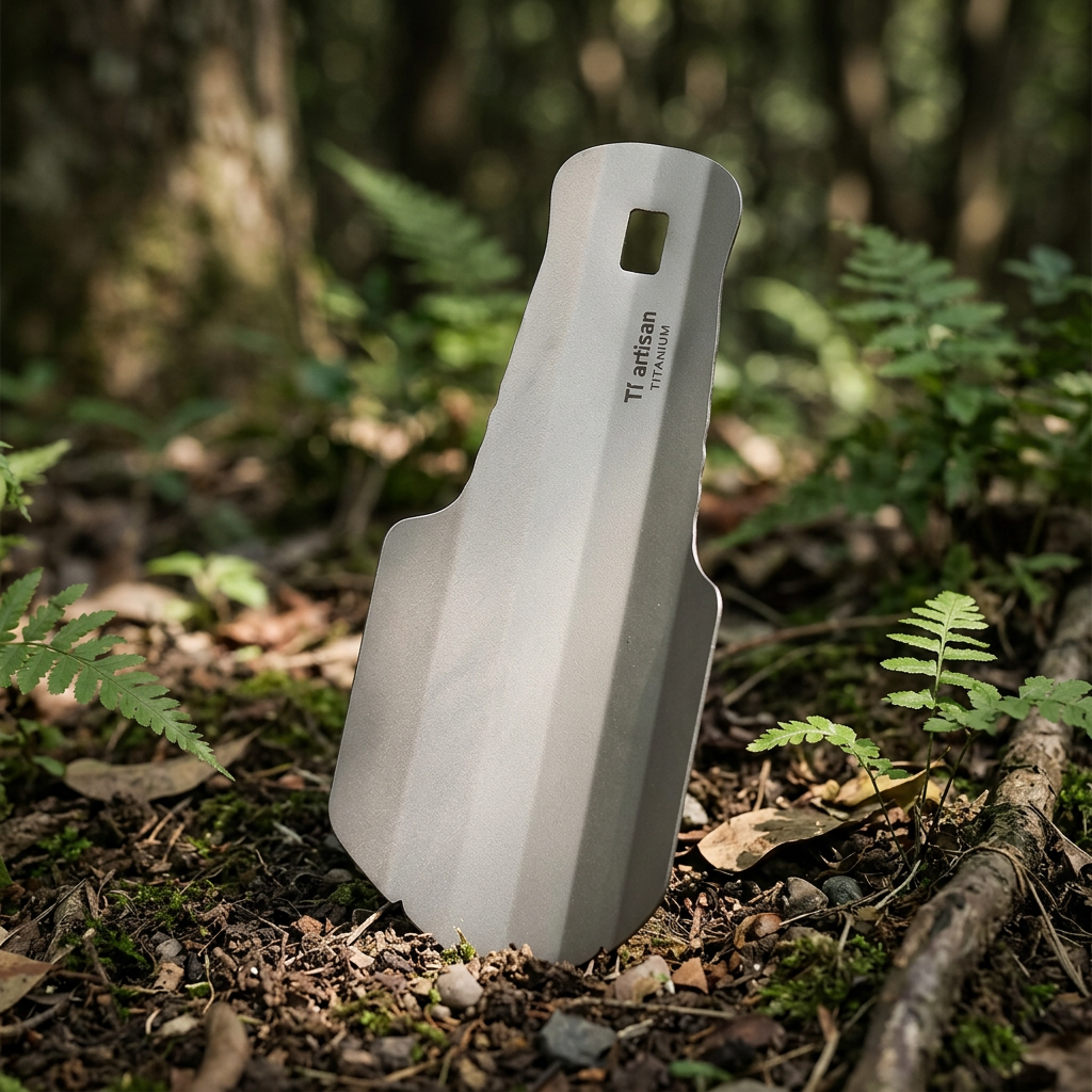Camping trowel resting on forest soil