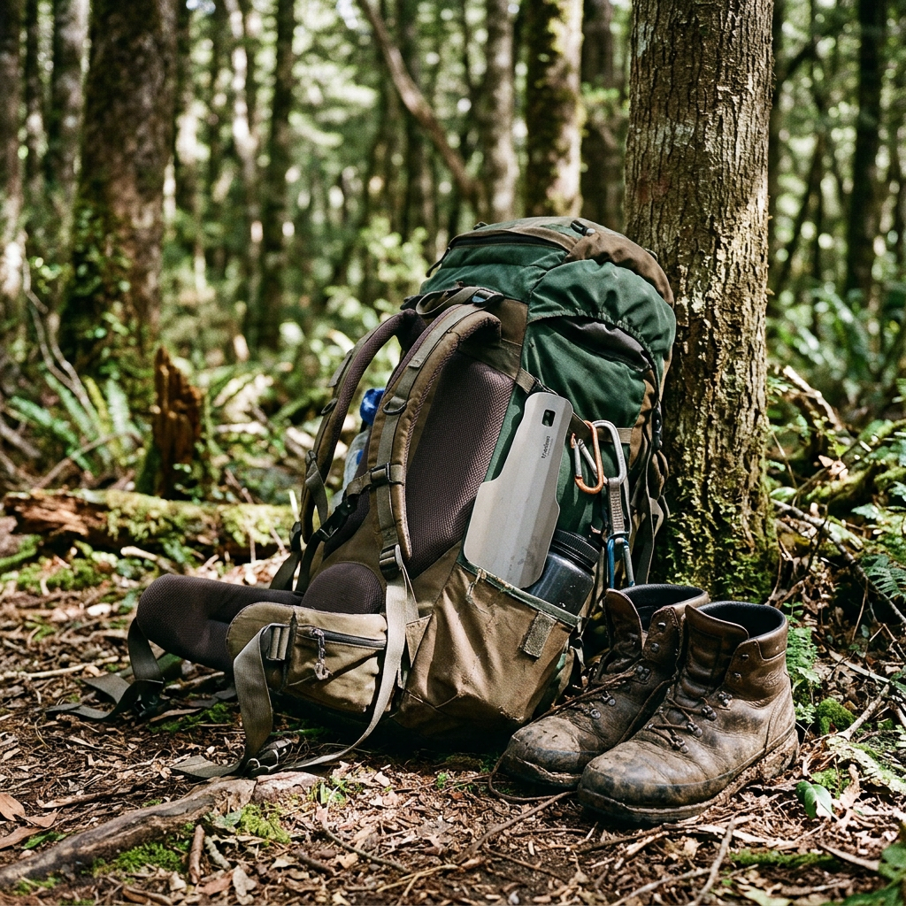 Camping trowel against a tramping pack on a forest trail