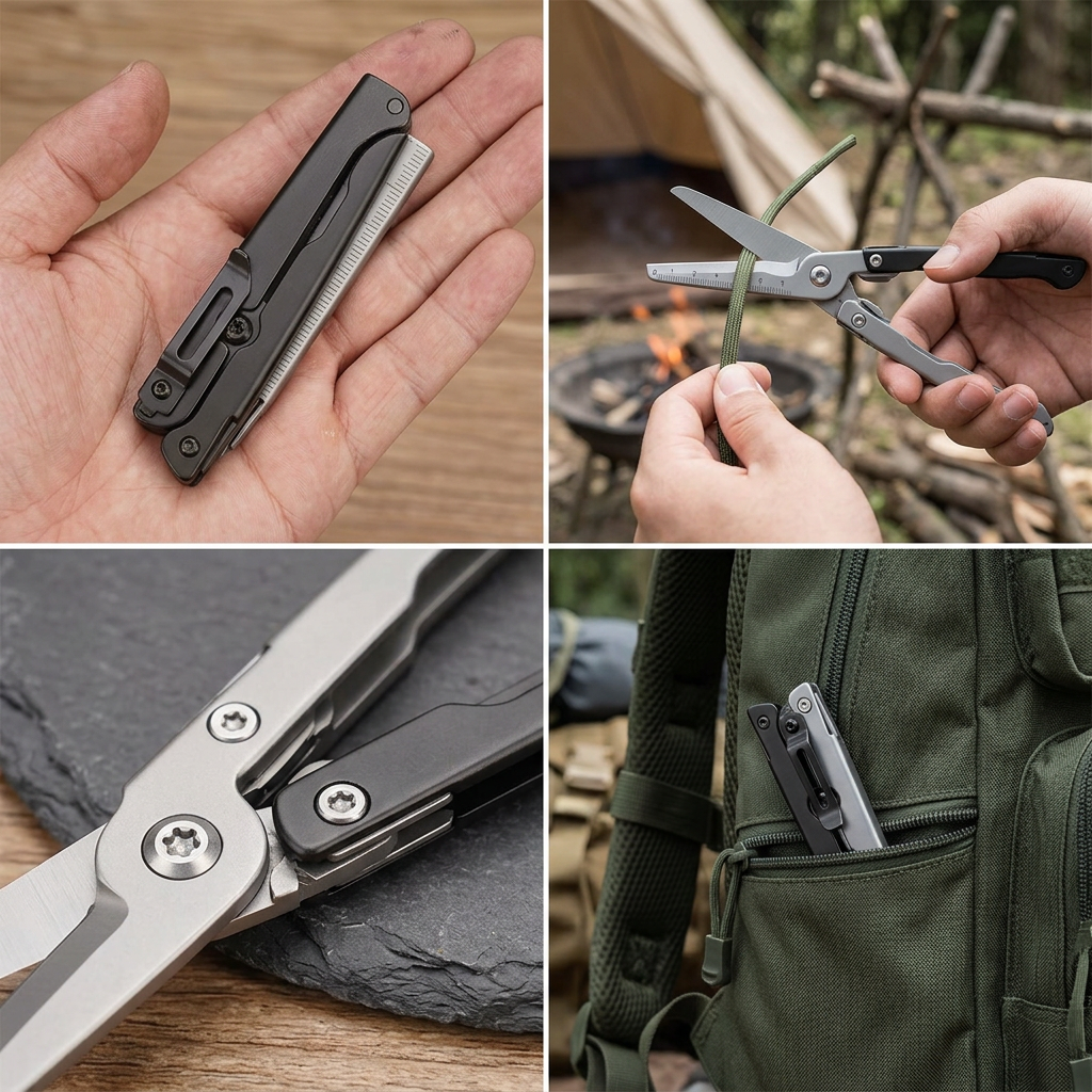 Folding scissors shown in four use scenes