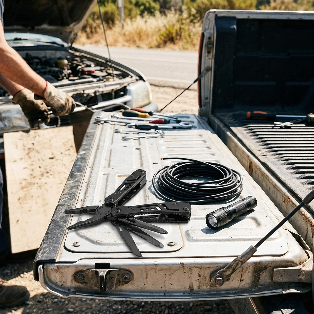 Pliers on a vehicle tailgate at a roadside repair
