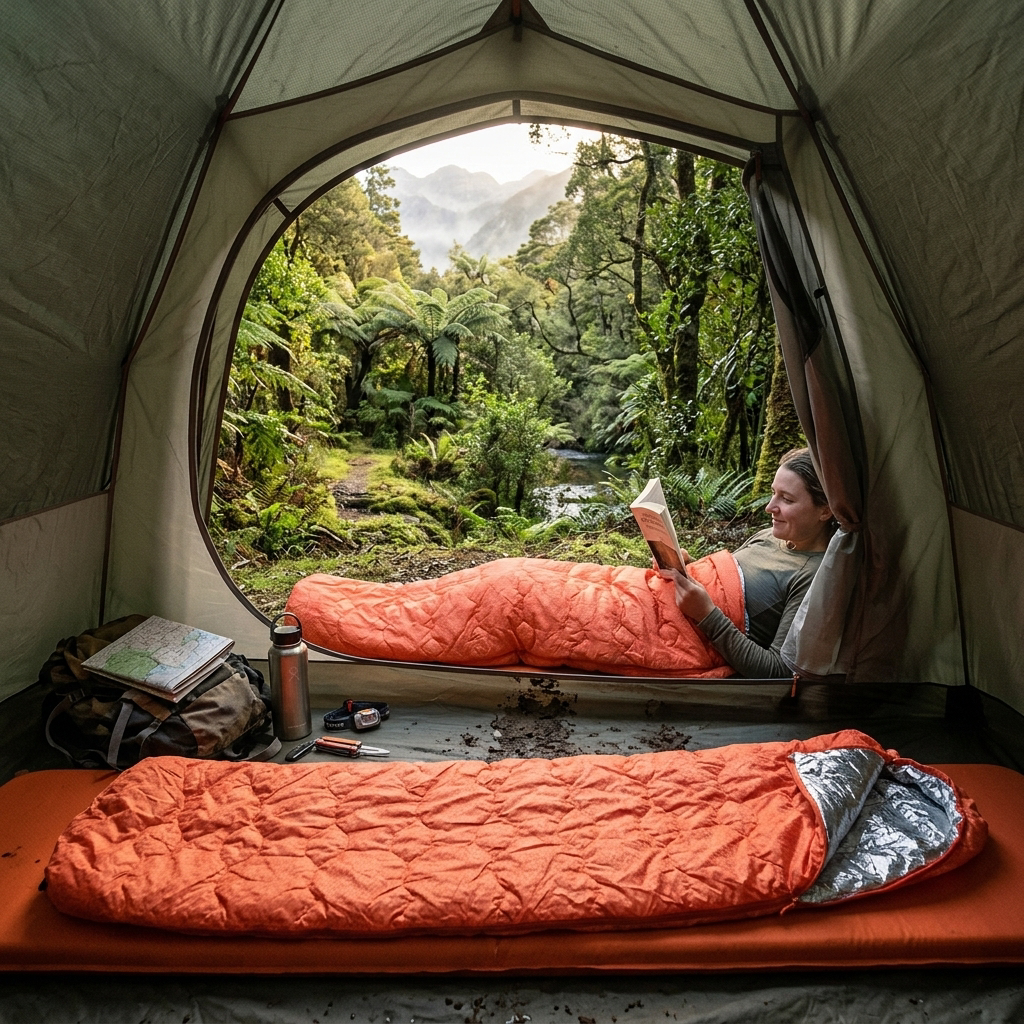 Sleeping bag laid out in a tent at a bush campsite